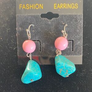 Turquoise and Pink Bead Drop Earrings -